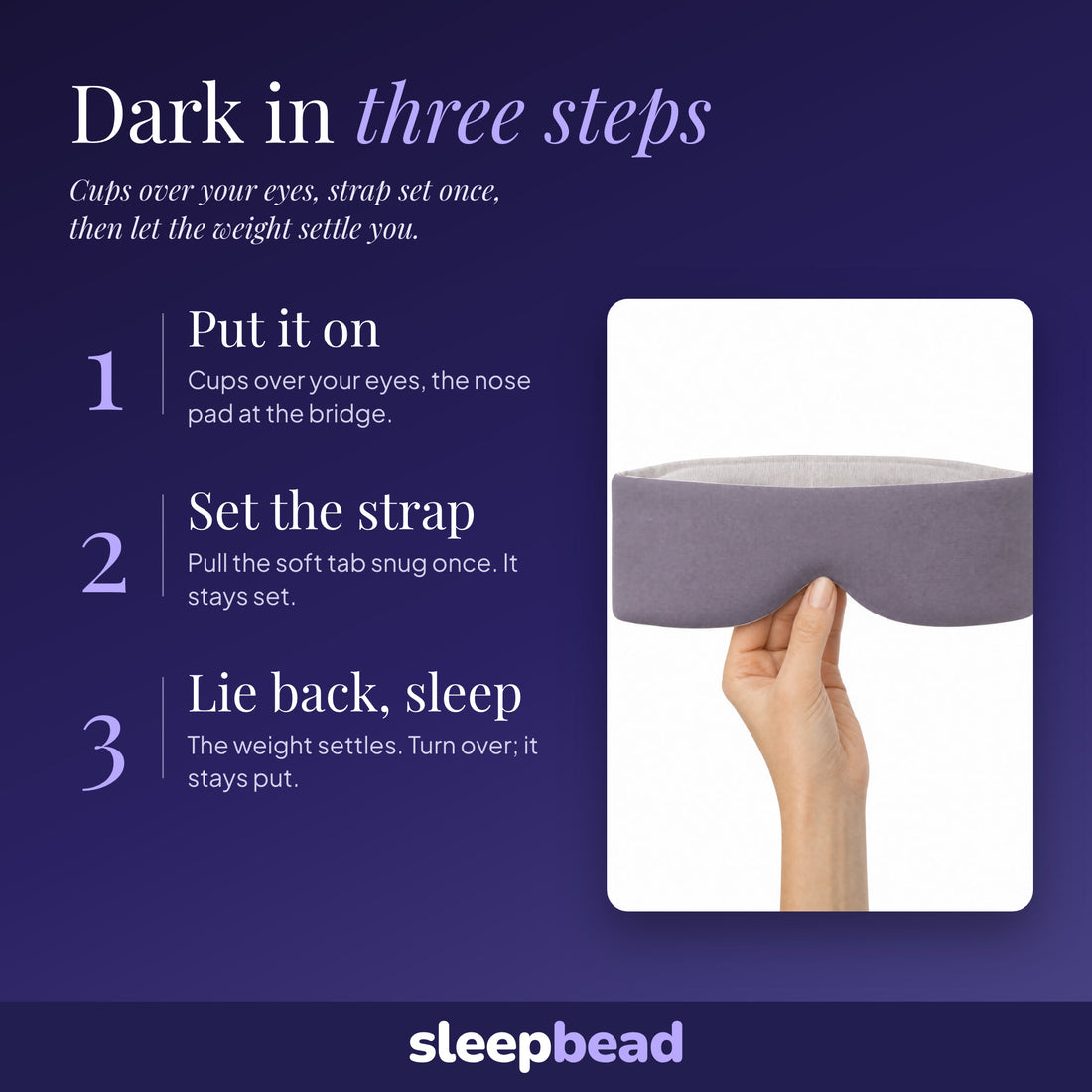 Dark in three steps: put it on, set the strap, lie back and sleep