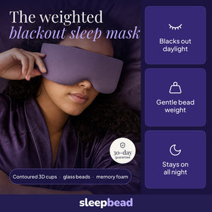 The Sleep Bead weighted blackout sleep mask in purple: blacks out daylight, gentle bead weight, stays on all night, 30-day guarantee