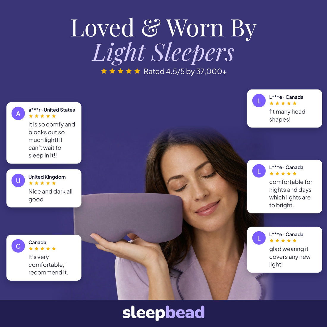 Loved and worn by light sleepers: five-star reviews around a woman holding the Sleep Bead mask